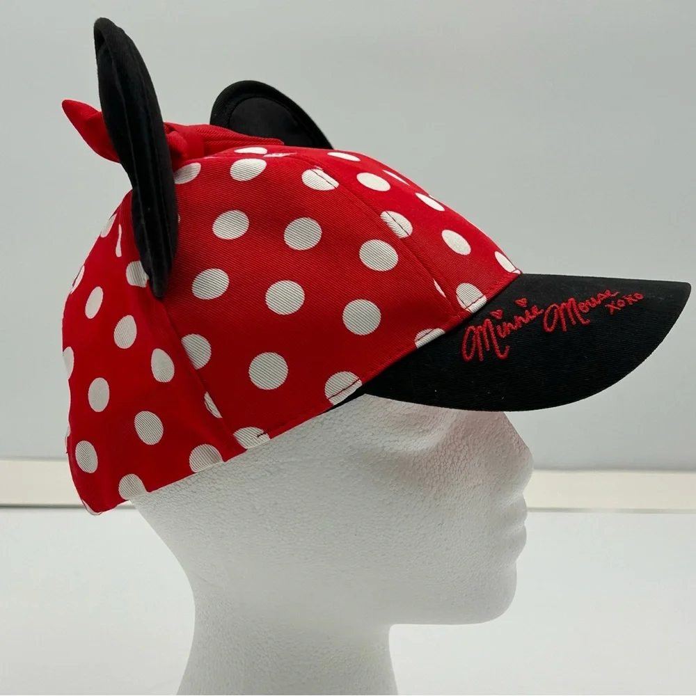 Disney Parks Minnie Mouse Ballcap Hat Youth Ears Bow Embroidery Red Polka‎ Dot